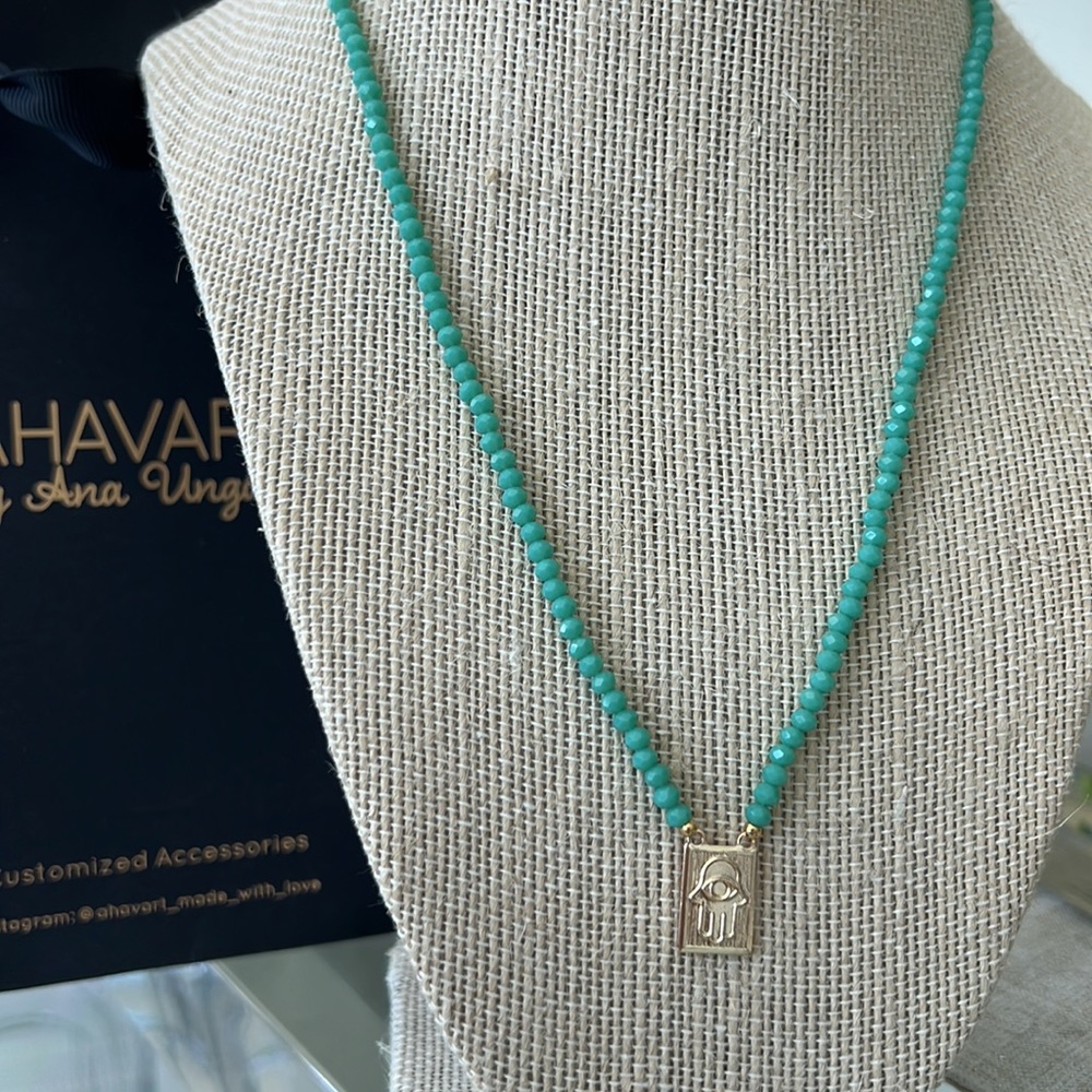 18k GP  hamsa evil eye escapulario handmade crystal necklace